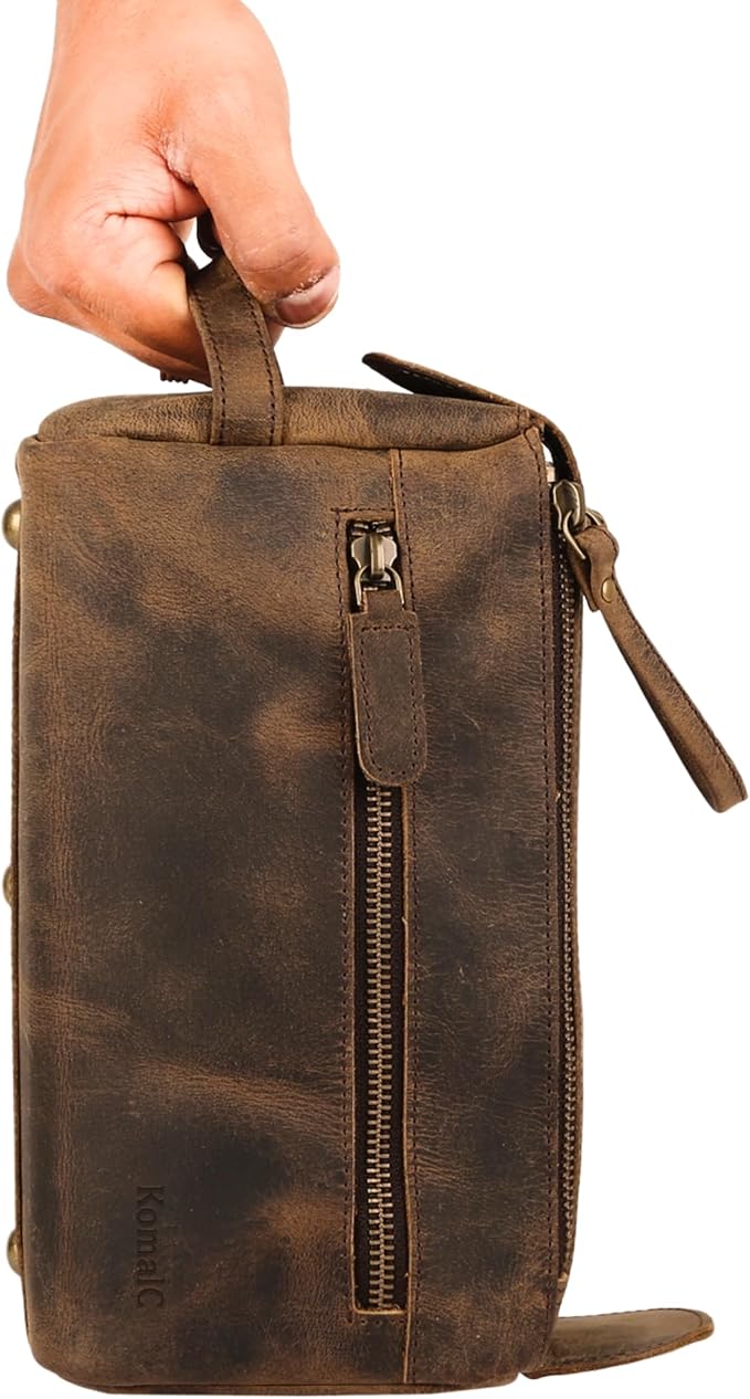 KomalC Premium Buffalo Leather Toiletry Bag for Men & Women With Water resistant Lining, Grooming Travel Pouch, Unisex Wash Bag for Toiletries, Gifts for Men and Women - Image 4