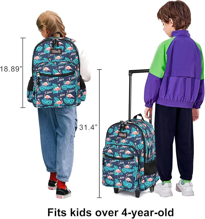 Tilami Rolling Backpack 18 inch Double Handle with Lunch Bag Wheeled Kids Backpack, Flamingo Black - Image 8