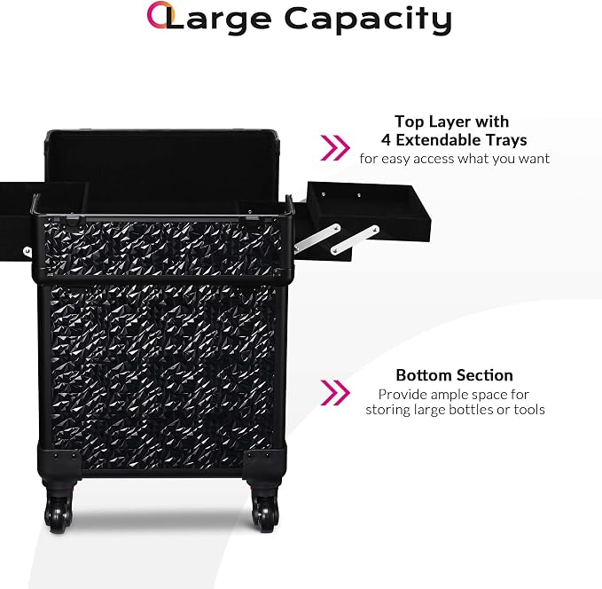 BYOOTIQUE Rolling Makeup Case Cosmetology case on wheels Makeup Artist Nail | Aluminum Rolling Makeup Suitcase with 360° Detachable Wheel Lockable 44Lb Large Capacity Organizer Nail Tech Mermaid Black - Image 3