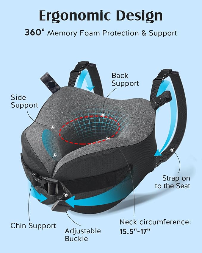 YFONG Travel Pillow for Long Flight Airplanes, Head Strap Combo with 3D Contoured Eye Mask for Sleep, Neck Pillow for Car Trip Essential, 360° Support Memory Foam Headrest, Prevent Head Bobbing, Pink - Image 5