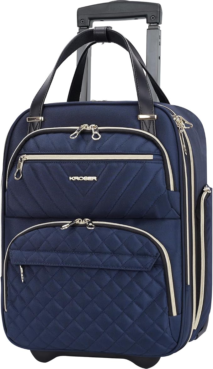KROSER Carry On Underseat Multi-functional, 16-inch Underseater Lightweight Overnight Suitcase for Men Women, Navy/Gold by KROSER