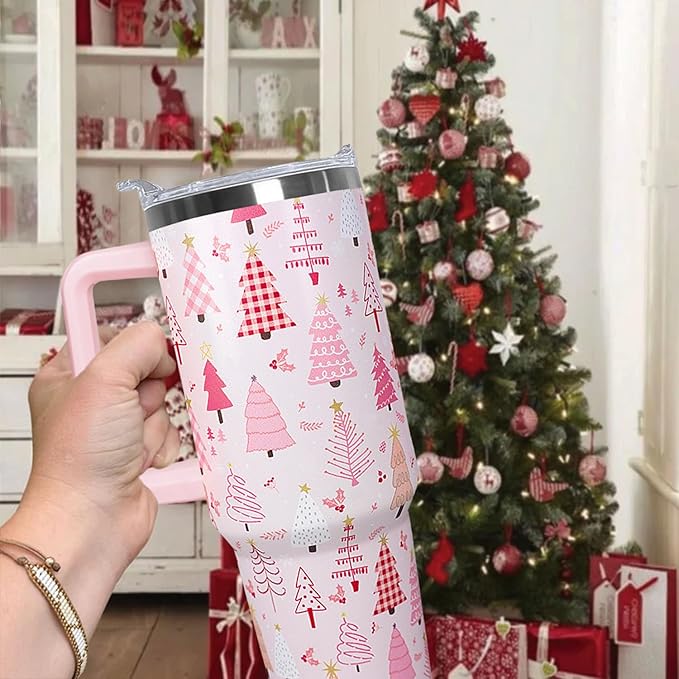 30 Oz Pink Christmas Tree Tumbler With Handle,Pink Coffee Travel Mug Cup Water Bottle,Christmas Tree Decor,Christmas Gifts for Women