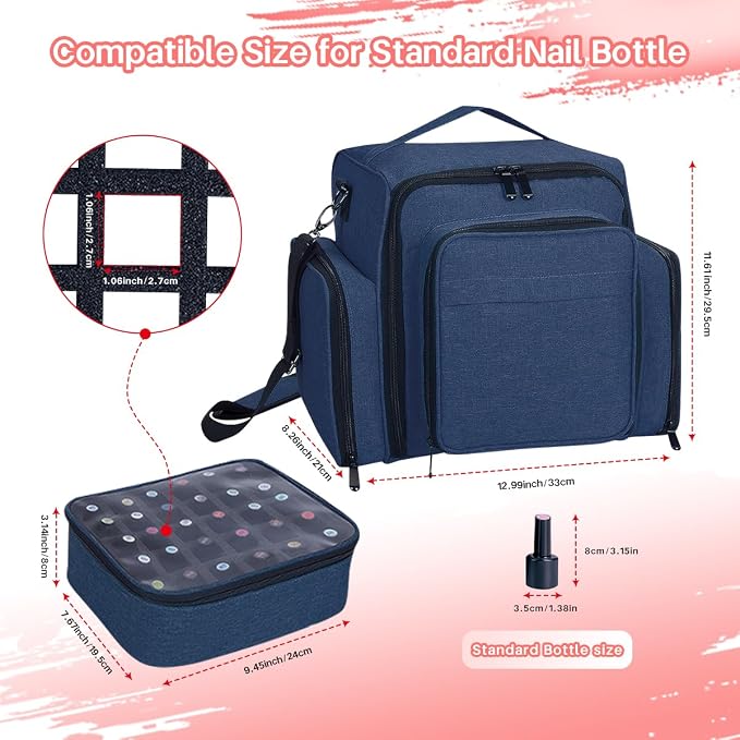 Nail Polish Organizer Case Hold 90 Bottles with 3 Detachable Bag,Blue | Portable Travel Storage Box Designed for Women's Nail Tools, Essential Oils and Cosmetics Sets - Image 3