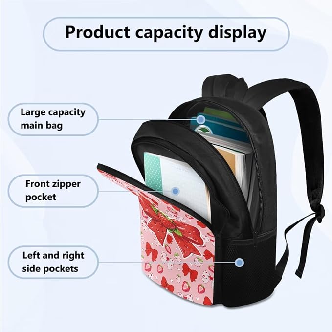 Girls Strawberry Bow Backpack Set of Water Bottle Sleeve Lunch Box Pencil Case for School, School Backpack Kids Student Bookbag, Back to School Gifts for Girl - Image 2
