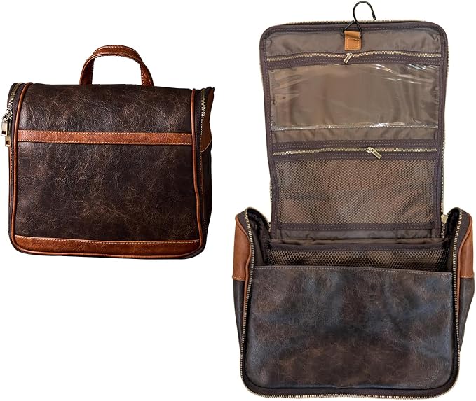 EURYNOME Hanging Toiletry Bag for Women and Men, Large PU Leather Toiletries Organizer, Water-resistant Bathroom Shaving Kit for Cosmetics, Makeup Case by EURYNOMELEATHERCRAFTS
