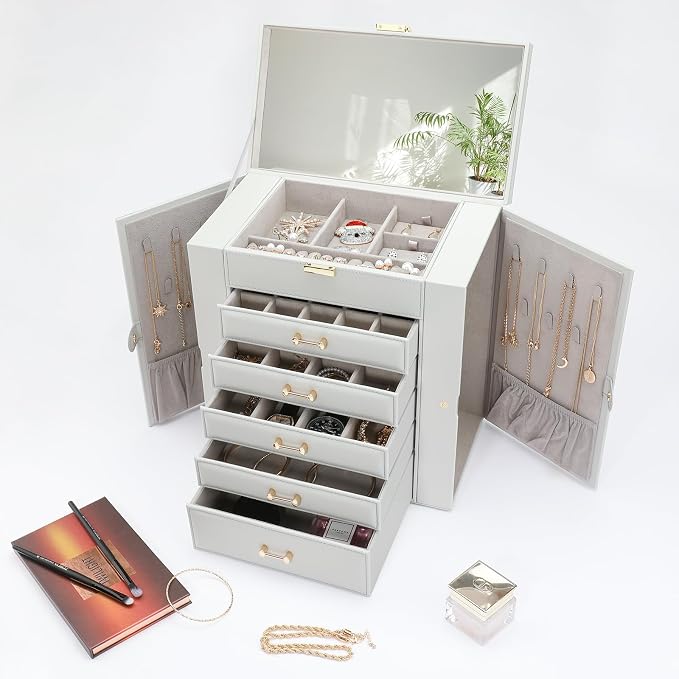 Large Jewelry Box, Jewelry Boxes for Women Large Jewelry Organizers and Storage, Jewelry Organizer for Rings Earrings Necklaces Glasses Bracelets Watches, Grey - Image 6