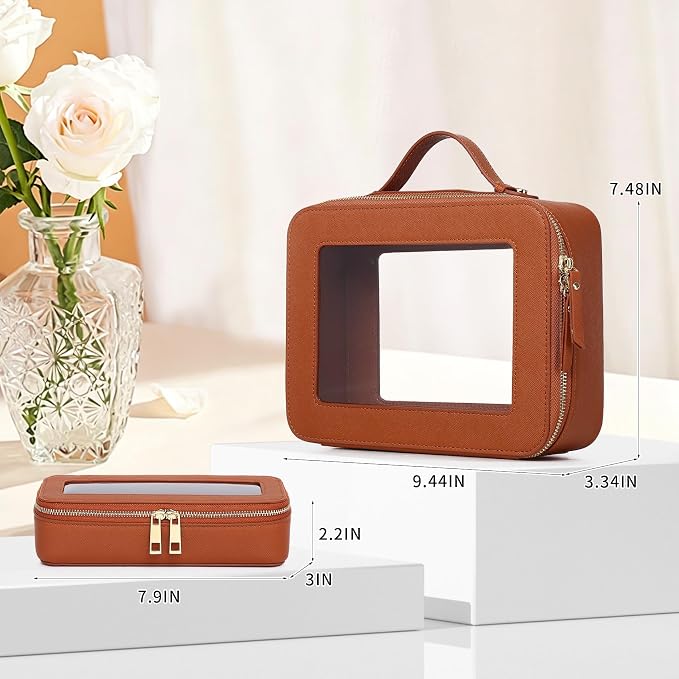 Clear Travel Makeup Bag, Brown, L+Slim | With Brush Bag, Transparent, Waterproof, With Zipper - Image 3