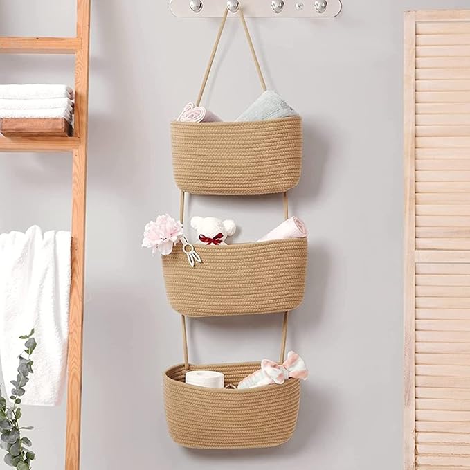 3-Tier Over the Door Hanging Basket, Wall Mount Hanging Storage Organiser Bag, Cotton Rope Woven Storage Solution with Hook, Decorative Hanging Baskets for Bedroom, Living Room, Bathroom, Nursery (B) - Image 2