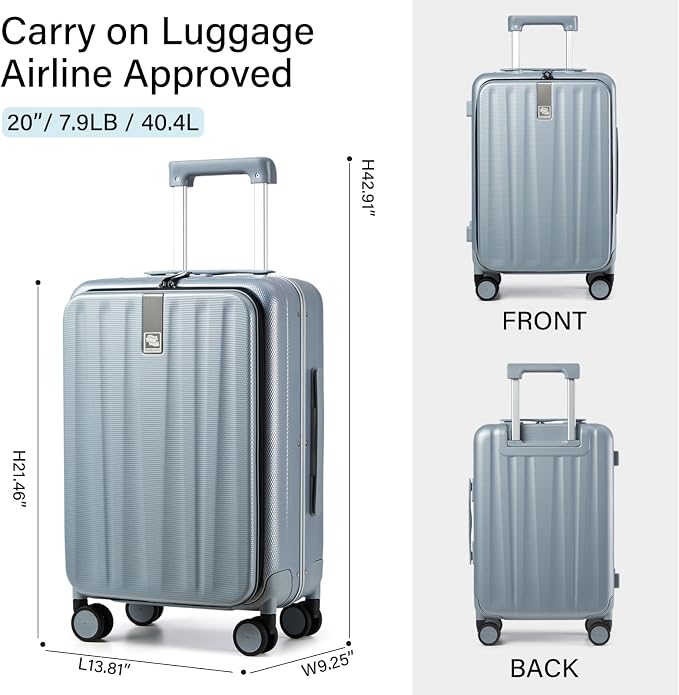 Hanke 20 Inch Carry On Luggage Hard Shell Suitcases with Wheels Luggage Suitcase Travel Luggage for Women Men Rolling Luggage Bags for Business Trip Weekender-Grey - Image 3