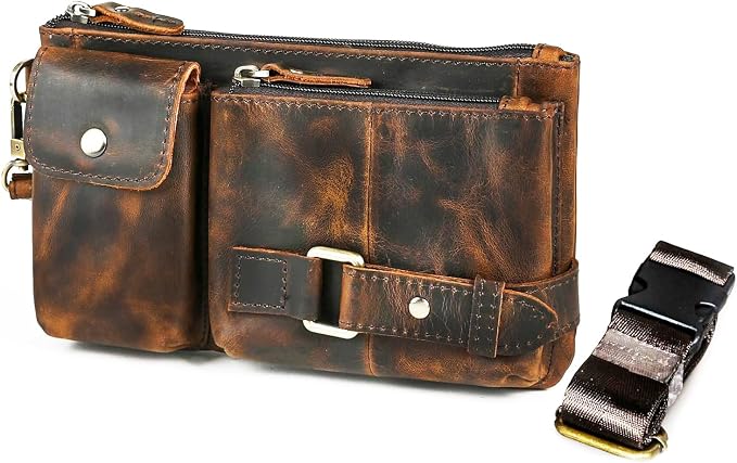 Water Resistant Canvas + Leather Hiking Riding Travel Fanny Waist Pack Small Phone Pouch For Men Women FB811-29 (Z-8135-100% Leather) by Handadsume