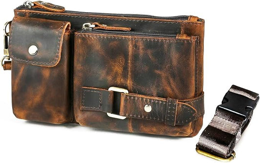 Water Resistant Canvas + Leather Hiking Riding Travel Fanny Waist Pack Small Phone Pouch For Men Women FB811-29 (Z-8135-100% Leather) by Handadsume