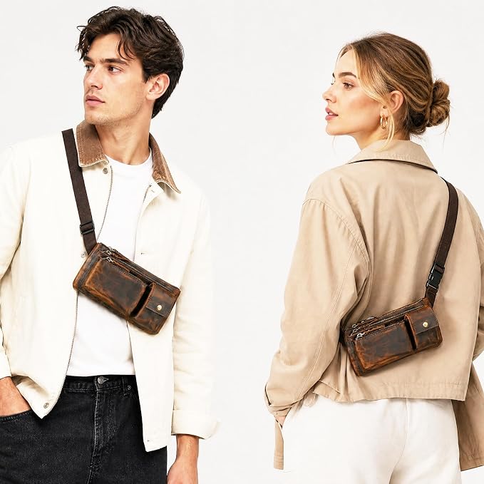 Genuine Leather Hiking Riding Travel Fanny Waist Pack Small Phone Pouch For Men Women FB811-29 (100% Leather-Brown) - Image 3
