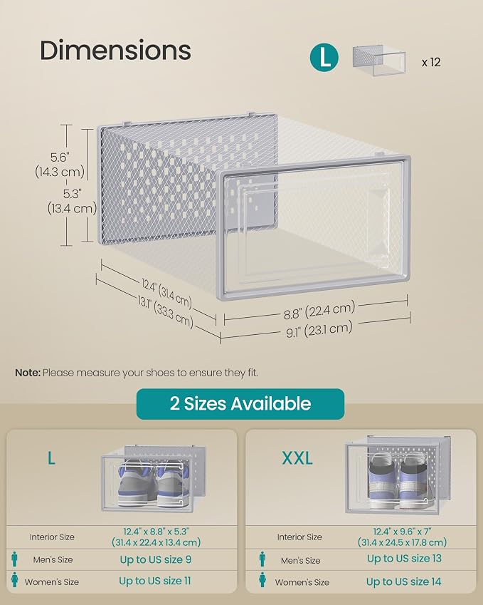 SONGMICS Shoe Boxes, Pack of 12 Shoe Storage Organizers, Stackable Clear Plastic Boxes for Closet, Sneakers, 13.1 x 9.1 x 5.6 Inches, Transparent and Gray ULSP006G12 - Image 5