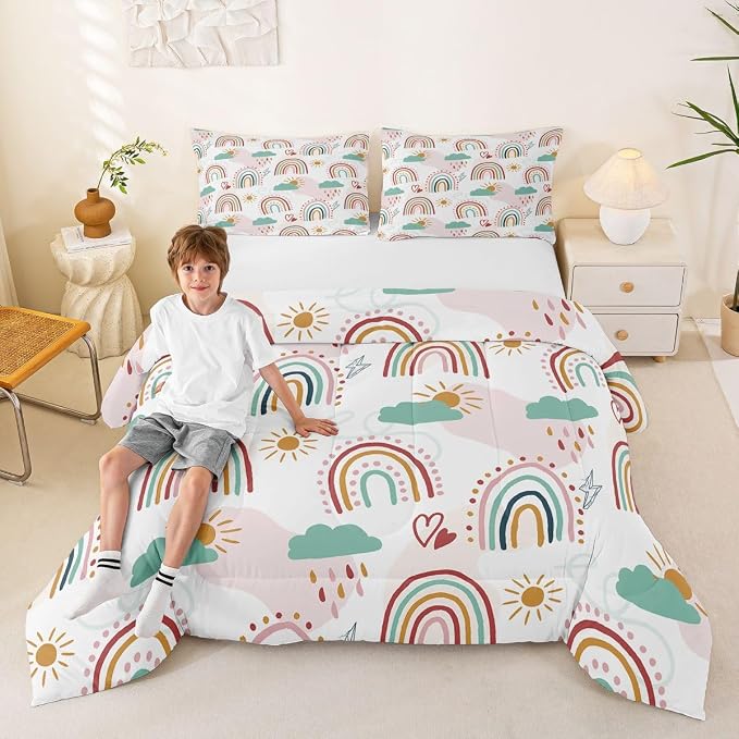 Erosebridal Rainbow Quilt for Kids Girls, Cartoon Sun and Clouds Comforter Set & Pillow Cases, Love Heart Down Comforter Iridescent Stripes Hand Drawn Bedding Set Kawaii Room Decor, Queen Size - Image 4