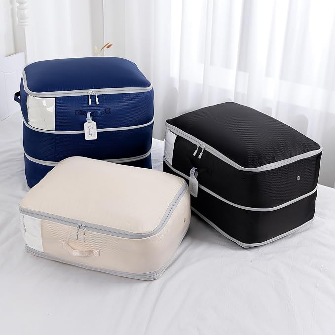 Comforter Storage Bag - Large Capacity Blanket Storage Bags 3-Layer Ultra Space Saving Self Compression Organizer, Washable Compression Bags for Storage Comforter Blanket, 2-Pack, Navy Blue - Image 7