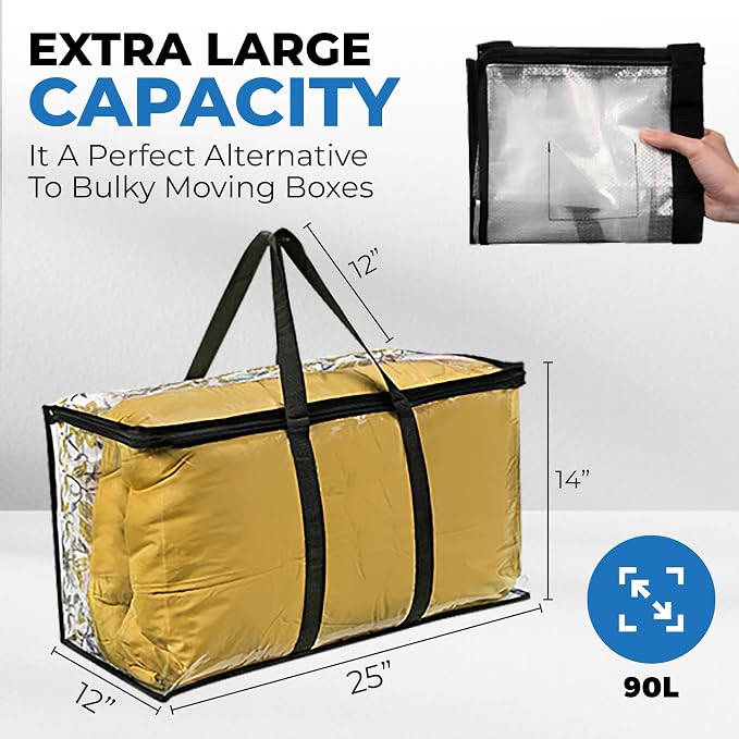 VitalUp 2 Pack Clear Large Moving Bags, Heavy Duty Storage Bags, College Totes, Storage Bins, for Organizing Blankets, Clothing for College, Dorm, Packing, Durable with Zipper and Handle 25x14x12 - Image 2