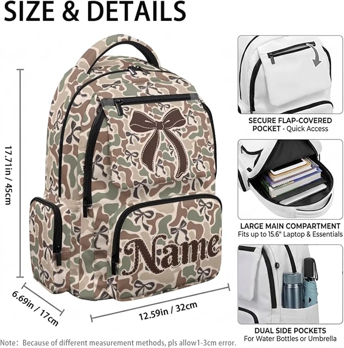 Bow Camo Custom 17 Inch Kids School Backpack Set 4Pcs, Lunch Bag | Water Bottle Holder, Lightweight 600D Fabric, Multi Pockets, for Elementary Middle High School Daily Use - Image 4