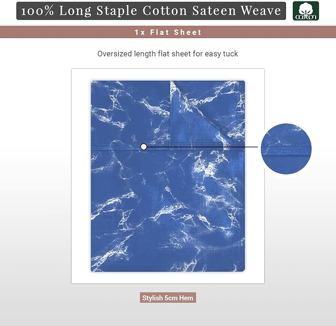 Pizuna Pure 100% Cotton Flat Sheets Only Twin XL Marble Blue (1 PC), Luxurious 400 Thread Count Long Staple Cotton Sateen with 4" Hem (Combed Twin XL Flat Sheet Only Cotton) - Image 3