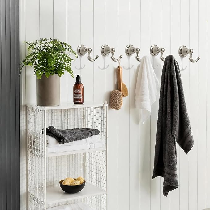 khtumeware 2 Pack Brushed Satin Nickel Robe Hooks Wall-Mounted Heavy-Duty Towel Hooks, Zinc Alloy Bathroom Coat Hooks and Suitable for Hanging Towels, Bathrobes, Clothes, Hats and Bags. - Image 4