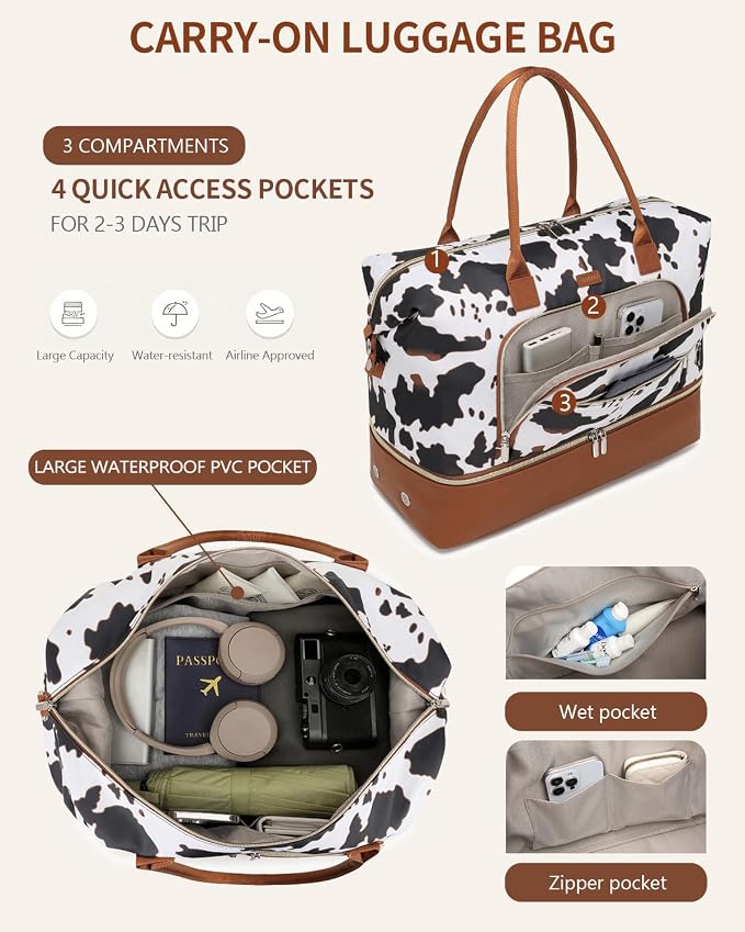 Weekender Bags for Women, Travel Duffle Bag Carry On Overnight Bag with Cosmetics Bag and Crossbody Purse for Gym Hospital, Gifts for Women, Cow Print Brown - Image 5
