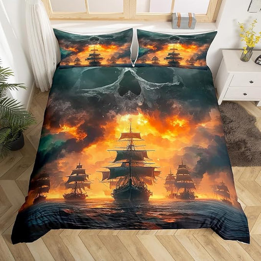 Erosebridal Pirate Comforter Set Queen Sailboat Duvet Cover Nautical Ocean Theme Boys Teen Bedding Comforter Cover Cool Style Adult Bedding Set Wave Pattern Printed Decor Bedspread for Men Women by Erosebridal