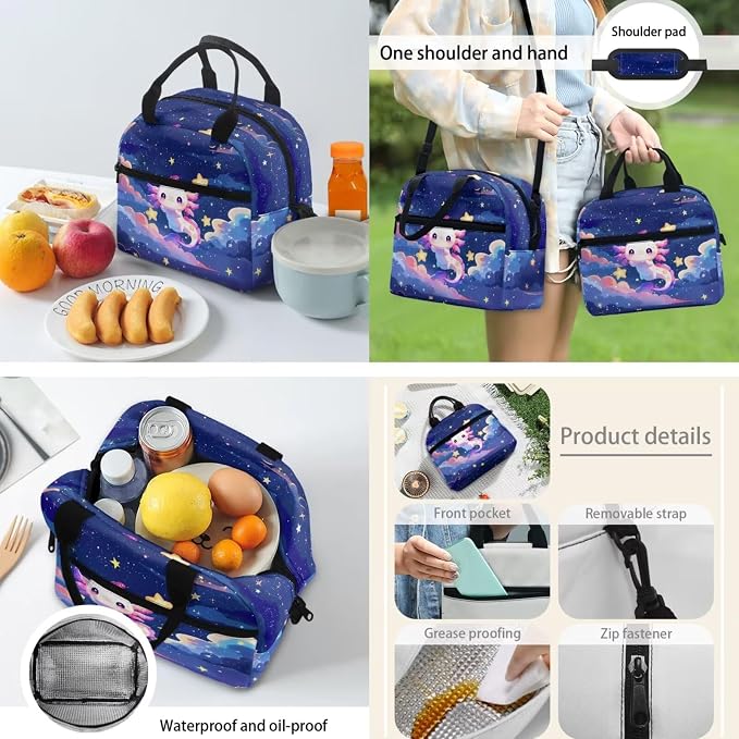 4 Pack Backpack for Boys Girls with Reusable Lunch Bag Pencil Bag Water Bottle Sling for School, Galaxy Axolotl School Bag Bookbag Rucksack Primary Middle Knapsack Set - Image 4