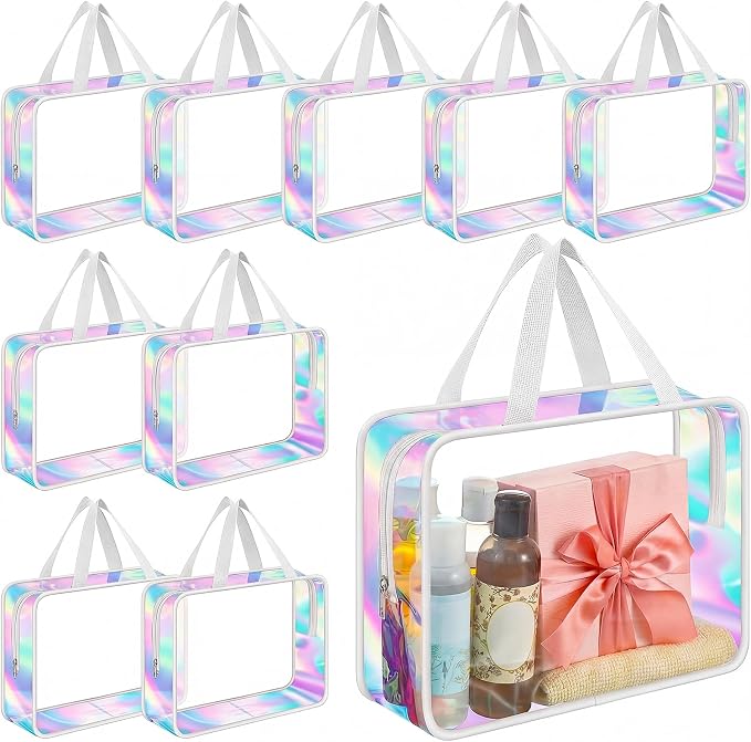 Sweetude 10 Pcs Large Clear Toiletry Bag with Handle Large Capacity Travel Iridescent Beach Makeup Bag PVC Clear Plastic Tote Punch Cosmetic Clothes Storage Organizer for Women Men (White) by Sweetude