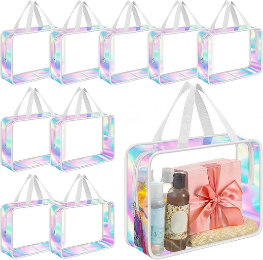 Sweetude 10 Pcs Large Clear Toiletry Bag with Handle Large Capacity Travel Iridescent Beach Makeup Bag PVC Clear Plastic Tote Punch Cosmetic Clothes Storage Organizer for Women Men (White) by Sweetude