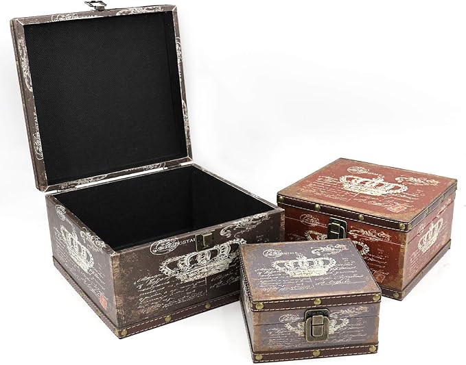 Jolitac Wood Storage Box Set of 3, Vintage Decorative Nesting Boxes Wooden Treasure Storage Crates With Latch, Home Decor Rustic Antique Boxes With Lid for Photos, Jewelry, Cash (Crown) - Image 2