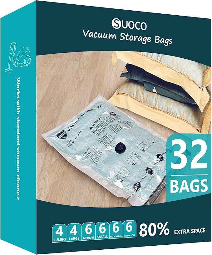 Vacuum Storage Bags, Compression Packing Space Saver Seal Bags for Clothing Bedding Comforters Blankets Pillows, 32 Combo by SUOCO