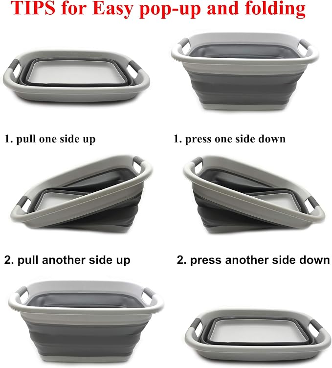 SAMMART Set of 2-31L (8.1 Gallon) Collapsible Plastic Laundry Basket-Pop Up Storage Container-Portable Washing Tub-Space Saving Hamper/Basket, Water Capacity: 23L (6 Gallon) (2, Light Grey) - Image 7