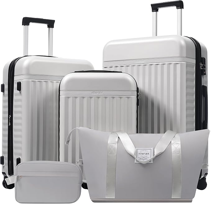Merax Luggage Sets, Durable Hardshell 3 Piece Suitcase with Bags | Lightweight Carry on Luggage with Double Spinner Wheels and TSA Lock,20+24+28 inches,White Grey by Merax