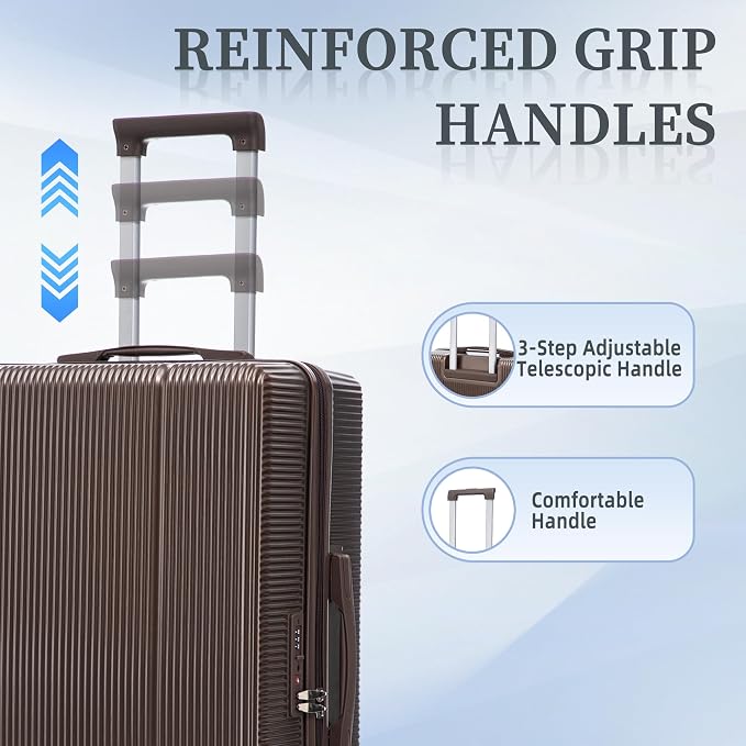 Hardside Luggage Sets, Lightweight Stripes Suitcase with Spinner Wheels, Brwon-205 - Image 2