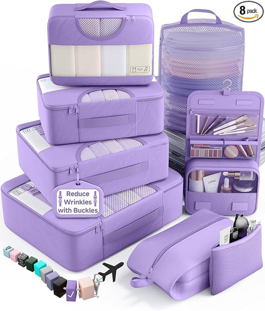 Veken 8 Set Packing Cubes for Travel Essentials,Anti-Wrinkle Buckled Suitcase Organizer for Shoe & Toiletry Bag,Carry On Luggage Bag with 99+ Count Mesh Holes for Airplane & College Dorm Accessories by Veken