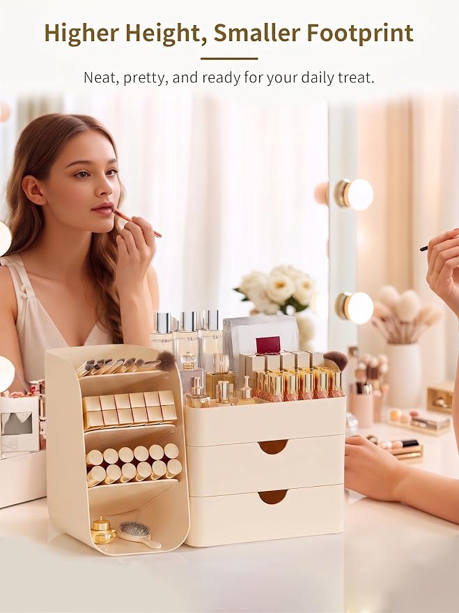 Booklov Small Makeup Organizer for Vanity and Bathroom Countertop, Cream | Plastic Cosmetic Display Case with Drawers, Beauty Brush Holder for Dresser Counter Skin Care Eyeshadow Lipstick Storage - Image 4