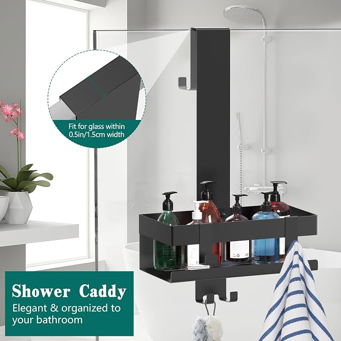 Emibele Over The Door Shower Caddy, 304 Stainless Steel Hanging Shower Caddy Rustproof Shower Shelves, No Drilling Hanging Shower Organizer for Bathroom Glass Door, Black - Image 2
