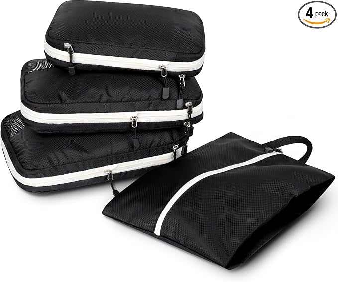 AiQInu 4-Piece Suitcase Organizer, Compression Packing Cube Space-Saving Expandable Ultralight Travel Organizer for Clothes, Shoes, Underwear Travel Set for Backpacks or Hand Luggage by AiQInu