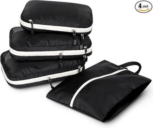 AiQInu 4-Piece Suitcase Organizer, Compression Packing Cube Space-Saving Expandable Ultralight Travel Organizer for Clothes, Shoes, Underwear Travel Set for Backpacks or Hand Luggage by AiQInu