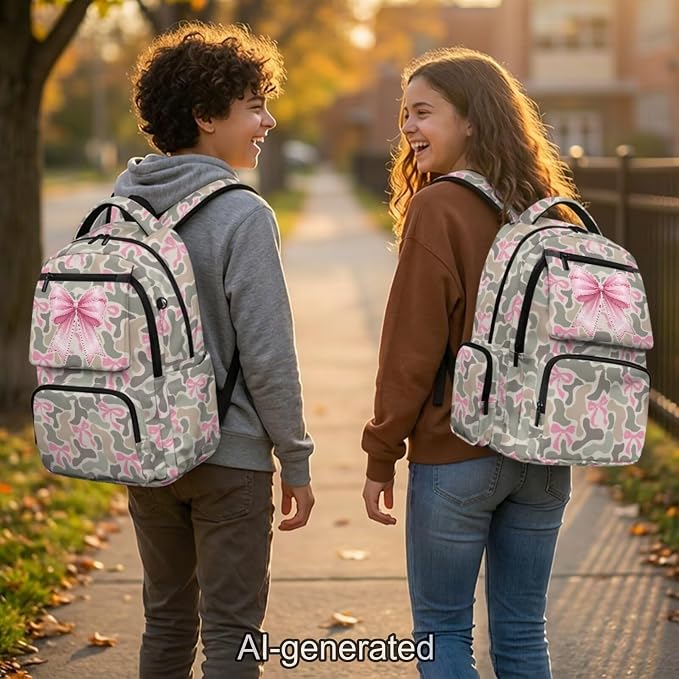 Pink Bow 4 Piece Kids Backpack Set, 17 Inch School Backpack with Lunch Bag, Pencil Case and Water Bottle Holder, Lightweight Multi-Pocket Bookbag for Elementary Middle School - Image 2
