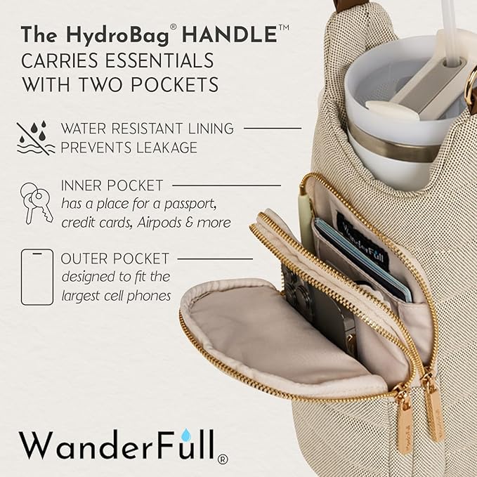 WanderFull Original HydroBag HANDLE®, Zipper for Handle, 40 oz Water Bottle Holder w/Strap, Mother’s Day Gift, Crossbody Carrier w/Phone Pocket - Black Matte w/Vegan Leather Strap - Image 4