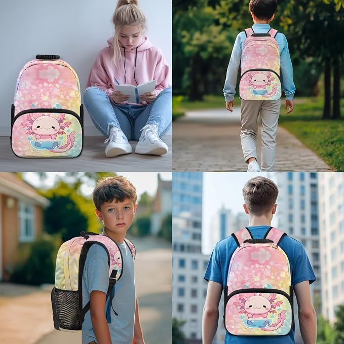 4 in 1 Kids Backpack Bookbag Set Cartoon Axolotl Backpacks School Bookbag with Lunch Box Bag and Pencil Bag Water Bottle Carrier Bag Set for Kids Teen Girls - Image 3