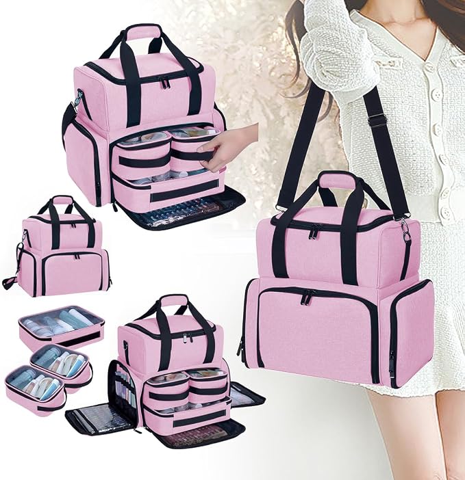 Large Makeup Bag Double Layer with 3 Removable Case,Pink | Large Makeup Bag with 3 Removable Case and 2 Removable Dividers Double Layer Travel Cosmetic Makeup Brushes Storage Section - Image 8