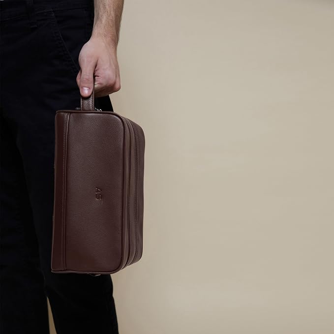 Leatherology Brown Double Zip Toiletry Bag – Full-Grain Leather Men's Dopp Kit with Dual Compartments, Water-Resistant Lining & Top-Stitched Handle - Image 4