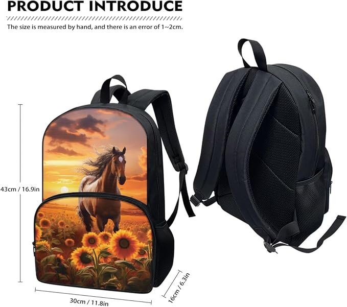 Brown Horse Sunflower Sunset Student Schoolbag Big Capacity Book Bags Laptop Backpack for Kids Girls Boys Pencil Case Lunch Bag Water Cup Pouch Travel Bookbag Rucksack with Compartments - Image 5
