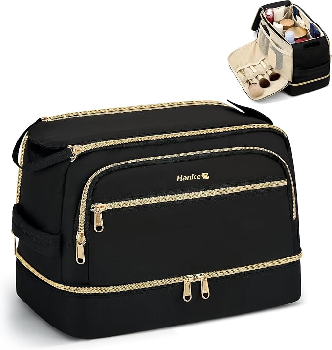 Hanke Travel Toiletry Bag, Lightweight Wide-open Makeup Bag, Dual-Layer Travel Bag for Toiletries Water-Resistant Cosmetic Bags Large Toiletry Bags for Women & Men, Travel Essentials, Black by Hanke