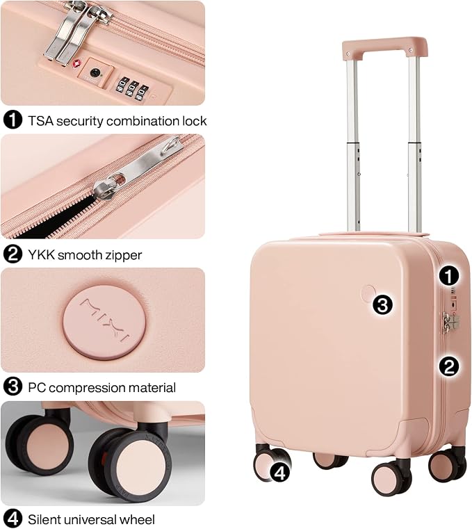 mixi 14 Inch Underseat Luggage Carry on Suitcase Free Boarding Personal Item Suitcases with Spinner Wheels Hardshell Lightweight PC for Short Travel, Pink - Image 4