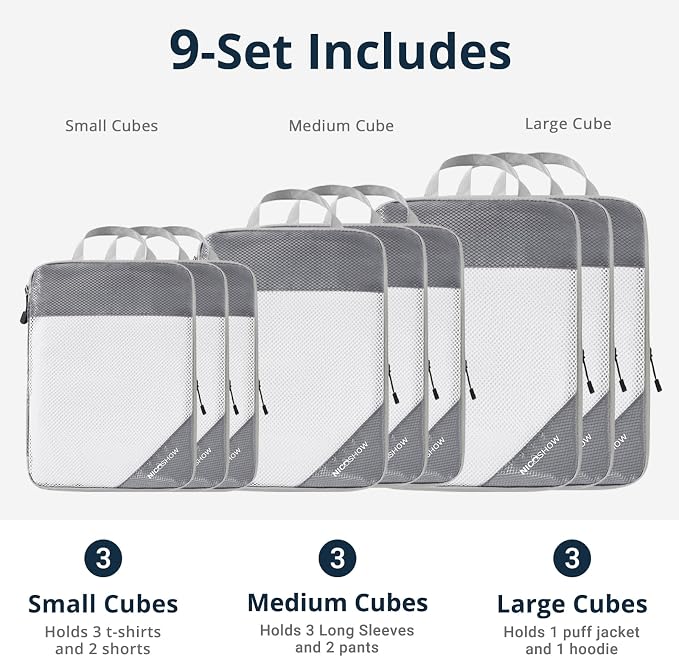 9 Set Compression Packing Cubes for Travel - Compressible, Lightweight, and Space-Saving Packing Cubes, Travel Essentials for Women, Grey - Image 3