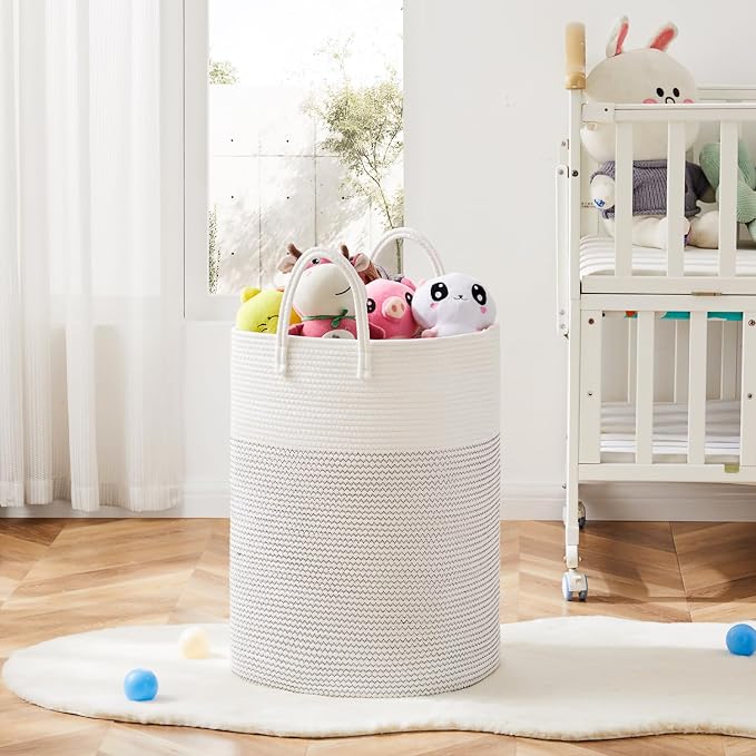 Laundry Basket,Woven Cotton Rope Laundry Hamper,Versatile Storage for Dirty Clothes,Baby Toys,and Blankets in Bathroom, Nursery,and Living Room (White, 60L) - Image 6