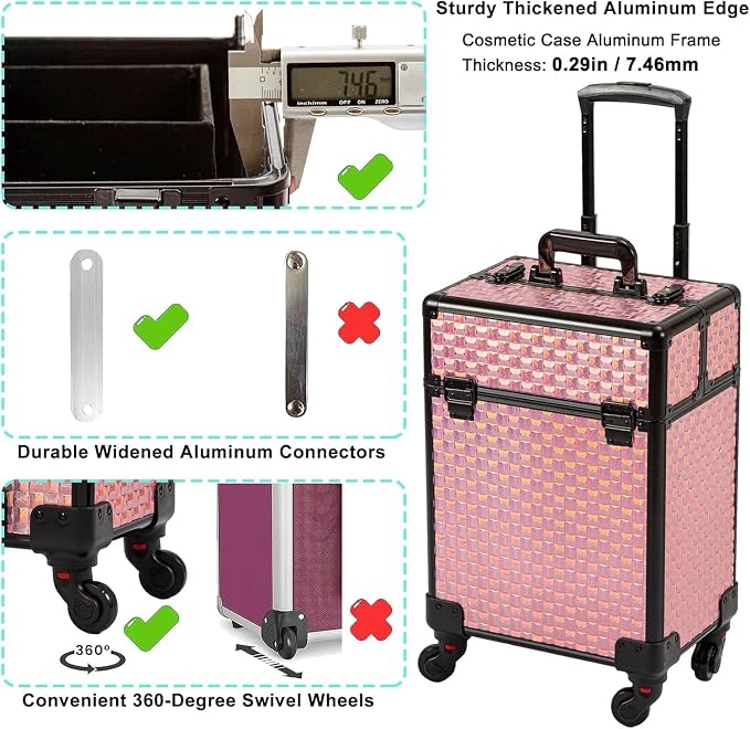 Arous Rolling Train Makeup Case Cosmetology Case on Wheels, Colorful | Cosmetic Travel Trolley 4 Tray with Sliding Rail Removable Middle Layer with Key Salon Barber Case Traveling Cart Trunk - Image 6