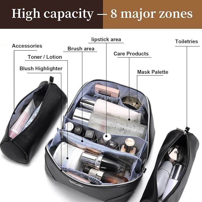 BOYATU Travel Makeup Bag Cosmetic Bags for Women: 3 Pcs Set Large Capacity Make up Bag with Handle - Waterproof Vegan Leather Toiletry Bags Travel Essentials with Compartments(C-2-Black) - Image 5